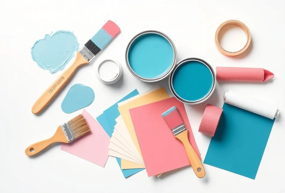 Pots de peinture, nuancier, brosses et rouleaux disposés à plat
