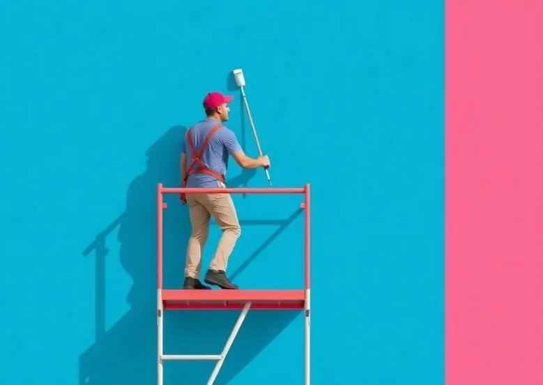 Peintre sur échafaudage traitant la façade d'une maison